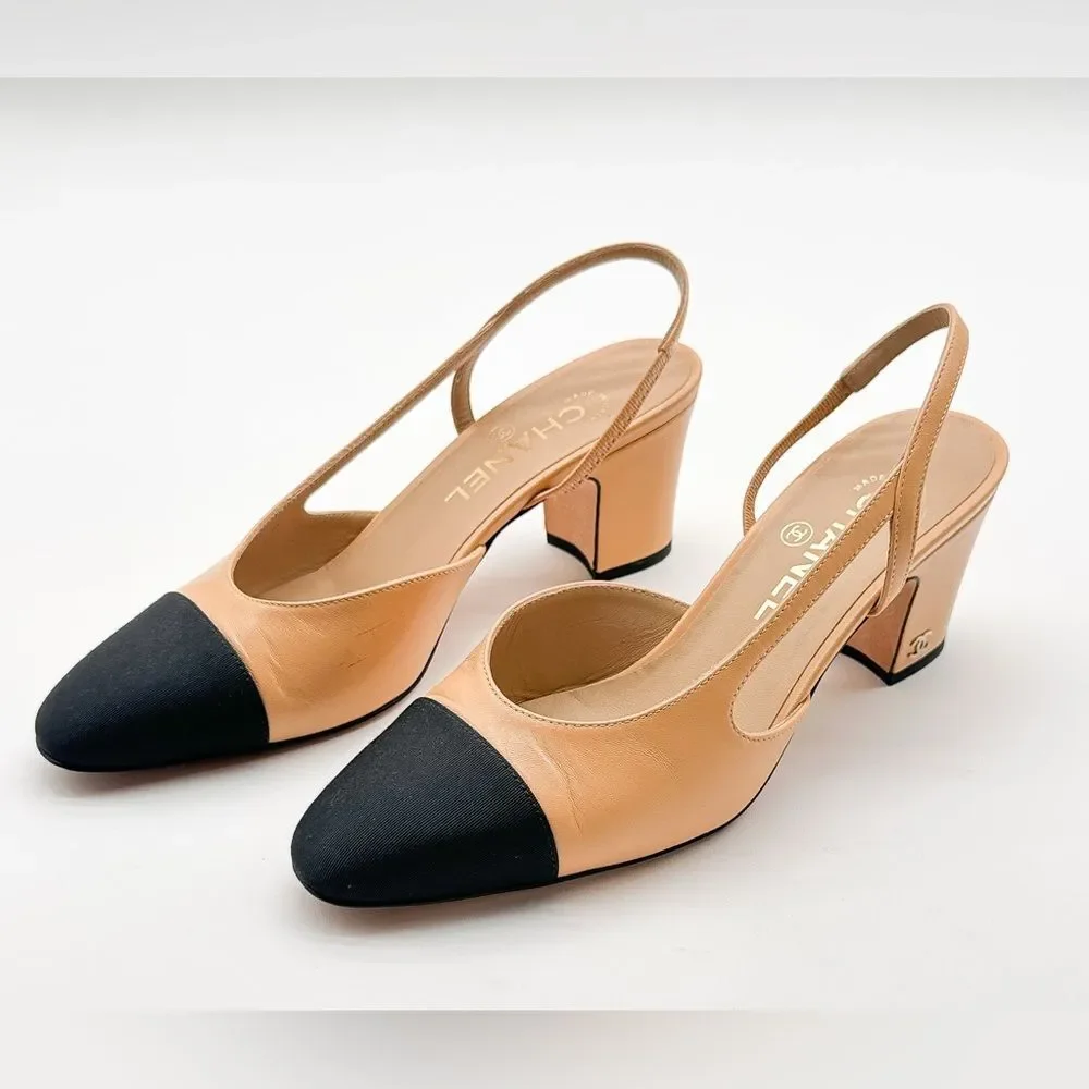 CHANEL Slingback Cap Toe Beige & Black Heels Leather Pumps EU 37.5 US 6.5-7